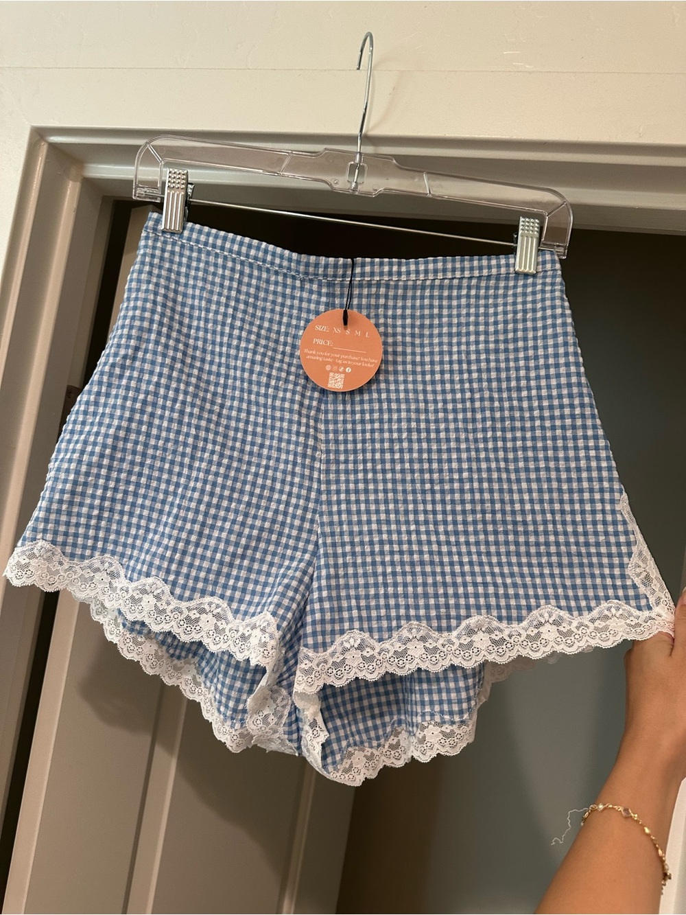Blue Gingham Lace-Trim Shorts